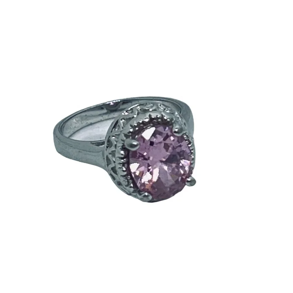 Silver Tone With Pink Glass Rhinestone Statement Ring (R367) - Picture 4 of 6